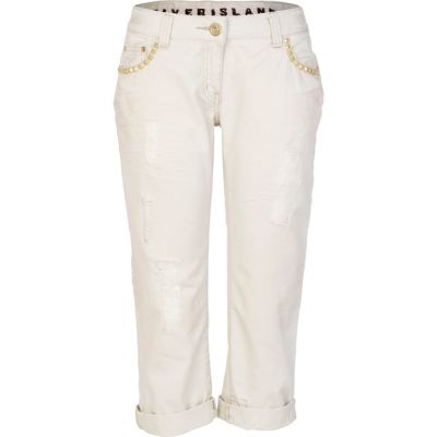 Cream straight crop trousers