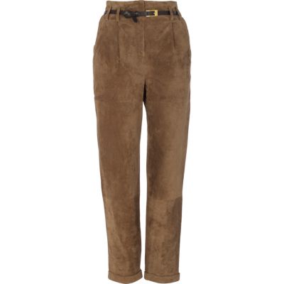 brown suede high waisted peg leg trousers