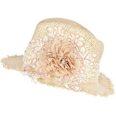 beige corsage straw hat
