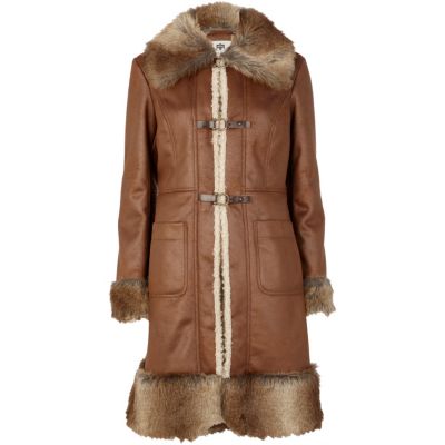 rich tan faux fur trim coat
