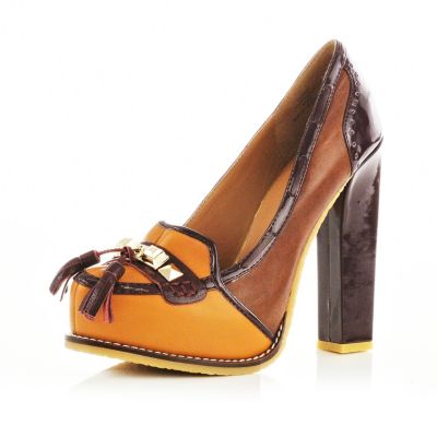 light brown block heel loafer shoes