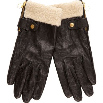 black leather borg gloves