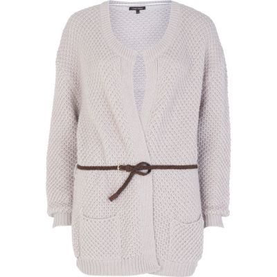 grey tuck stitch belted cardigan