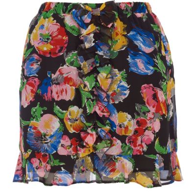 Black print frill front skirt