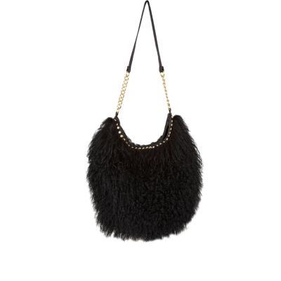 black mongolian fur stud detail slouch bag