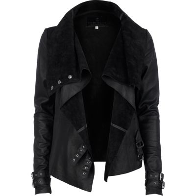 black drape front leather jacket