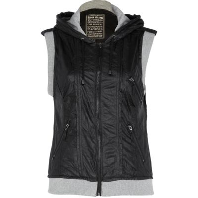 black pu sporty crinkle hooded gilet 