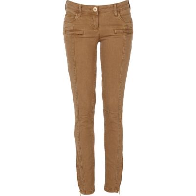 Beige zip skinny trousers