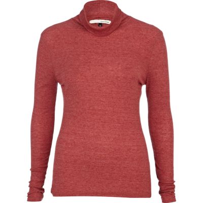 red marl ribbed sleeve polo top