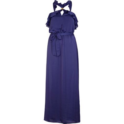 blue cross front frill maxi dress