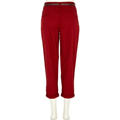 Dark red belted chinos