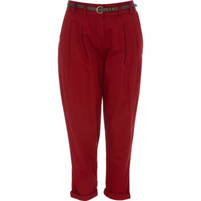 Dark red belted chinos