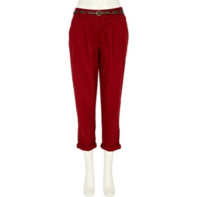 Dark red belted chinos