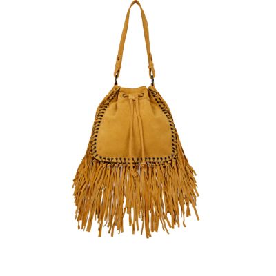 yellow leather fringe bag