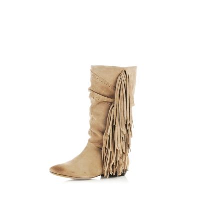 light beige fringed boots