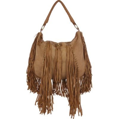 light oversized suede fringe slouch bag