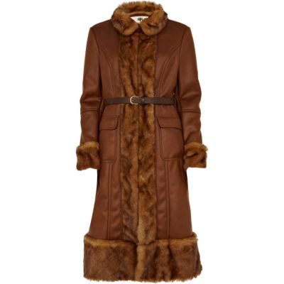 brown faux fux trim longline coat