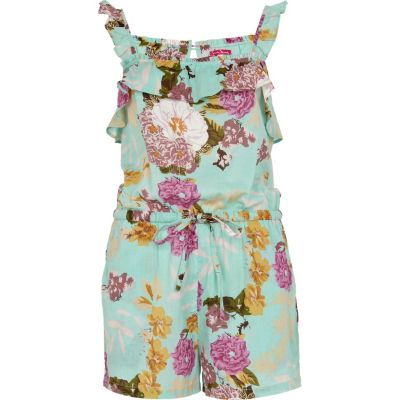 aqua floral print ruffle playsuit