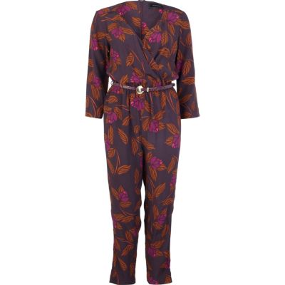 Purple leaf print belted jumpsuit