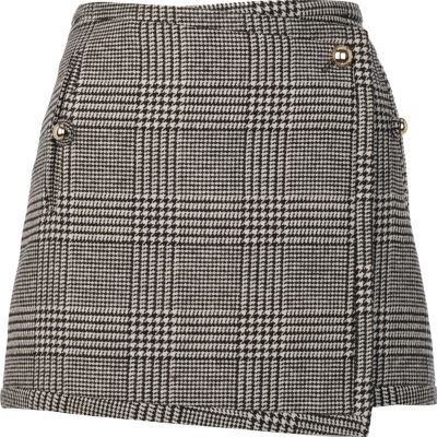 Black check wrap front mini skirt