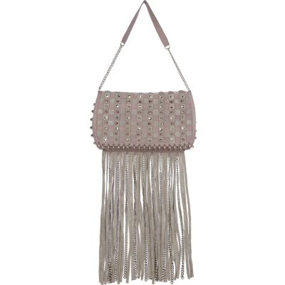 grey stud and fringe leather bag