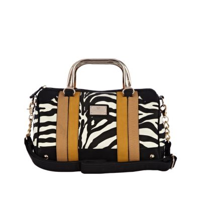 black zebra print barrel bag