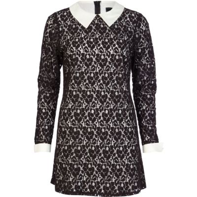 Black lace satin collar and cuff dress