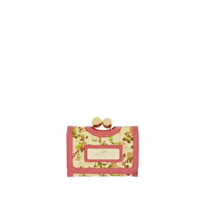 beige floral print clip top purse