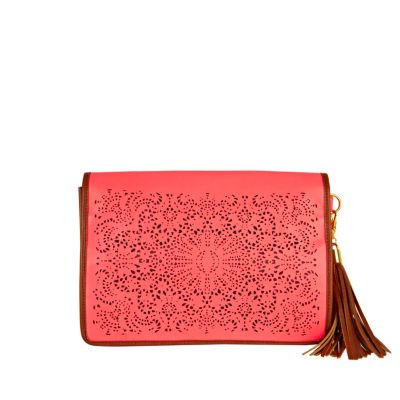 neon pink laser cut clutch