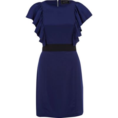 Blue cap sleeve ruffle front dress