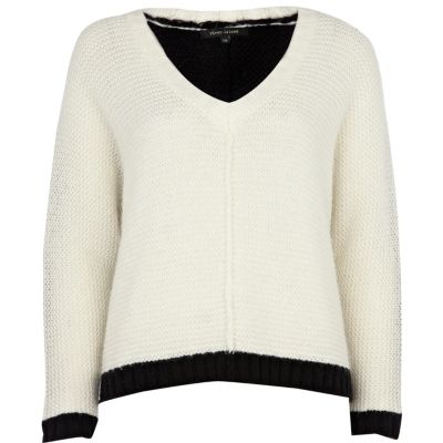 Cream colour block v neck jumper
