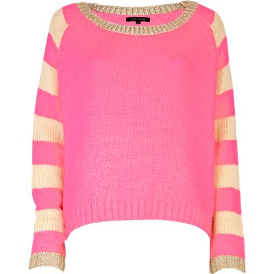 fluorescent pink stripe sleeve jumper