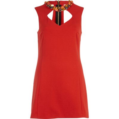 orange cut out detail jewel neck dress