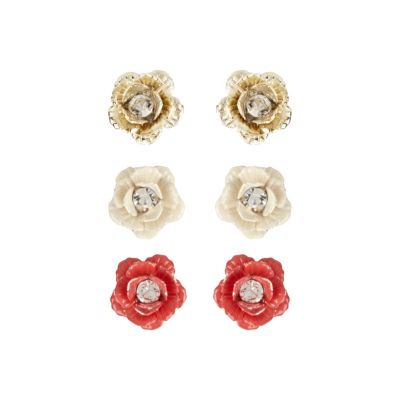 coral three pack of flower stud earrings