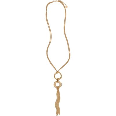 Gold tone disc and tassel necklace