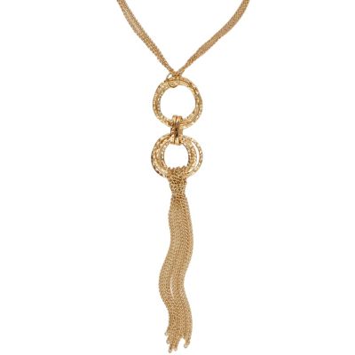 gold tone disc and tassel necklace