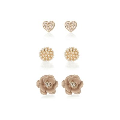 light pink heart and flower stud earrings