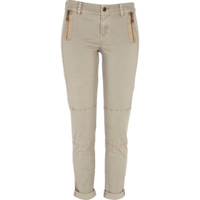 beige skinny fit zip front trousers