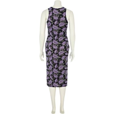Purple floral print midi bodycon dress