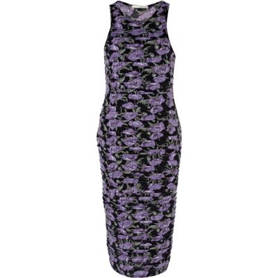 Purple floral print midi bodycon dress