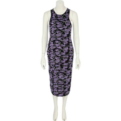 Purple floral print midi bodycon dress