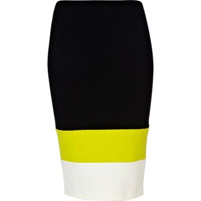 black colour block pencil midi skirt