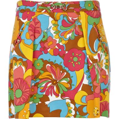 Pink floral print a line skirt