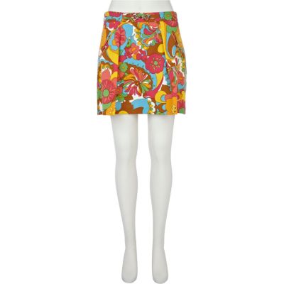 Pink floral print a line skirt