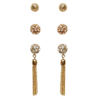 gold tone pave ball three pack of earrings