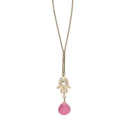 gold tone hand and pink stone necklace