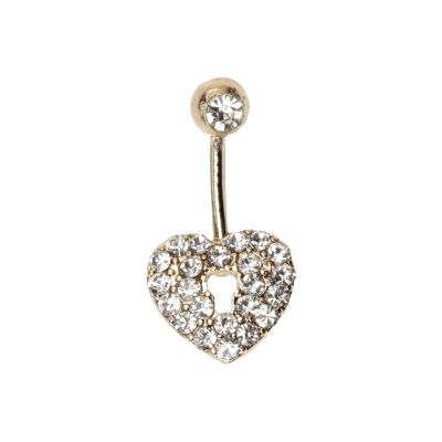 gold tone diamante heart belly bar