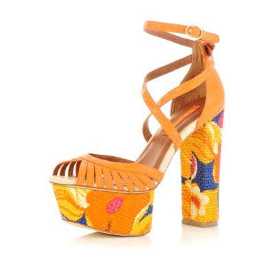 orange floral print strappy sandals
