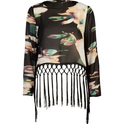black print fringe top