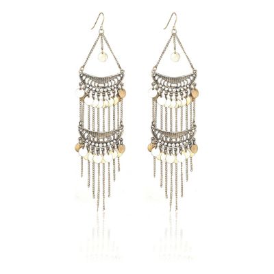 gold tone coin chain chandelier earrings